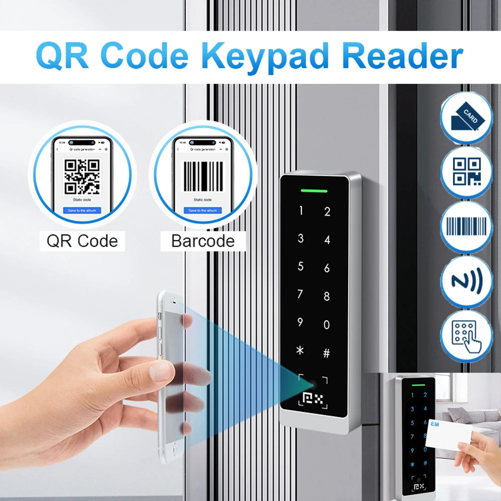 125KHz Wiegand RS485 QR Code Reader Access Control Touch Keypad EM HID MF Card PIN Bar code NFC IP66 Waterproof