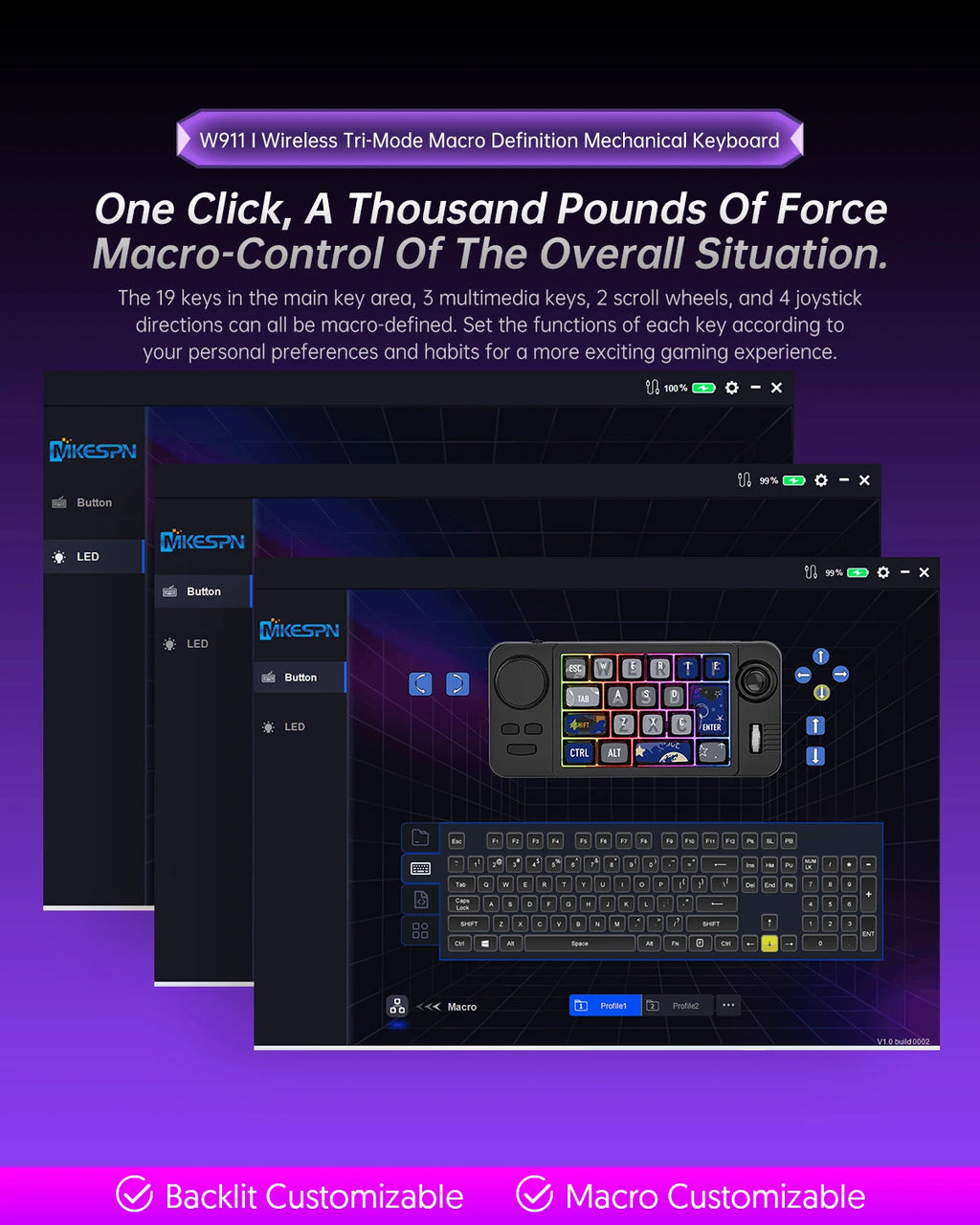 Three Mode 2.4G/BT5.0/USB-C Wired Bluetooth Mechanical Keyboard - 19 Key Programmable Macro Keypad RGB LED Backlit Hot Swappable