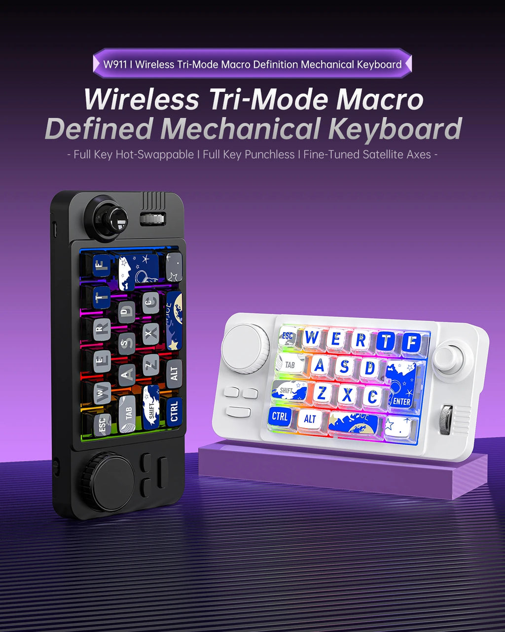 Three Mode 2.4G/BT5.0/USB-C Wired Bluetooth Mechanical Keyboard - 19 Key Programmable Macro Keypad RGB LED Backlit Hot Swappable